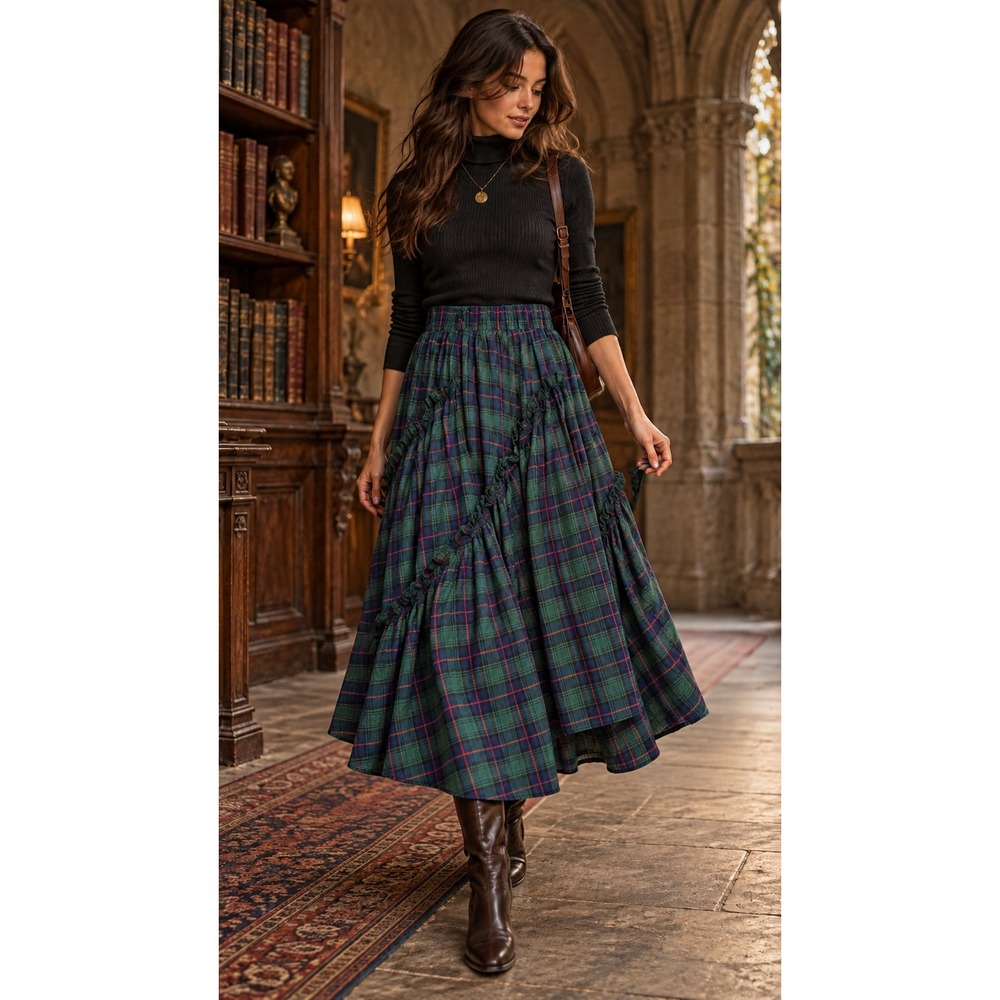 Plaid Tartan Maxi Skirt Size S Cotton Ruffle Godet Cottagecore Dark Academia